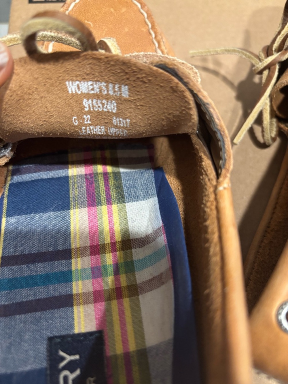 Sperry Women’s Chestnut Leather Boat Shoes with Plaid Liner - Picture 6 of 6